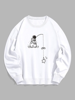 Fishing Rod and Astronaut Print Casual Sweatshirt Xxl White
