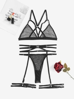 Fishnet Bracelet O Ring Criss Cross Harness Garter Lingerie Set S Black