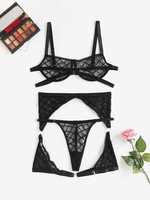 Fishnet Garter Leg Ring O Ring Lingerie Set M Black