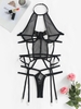 Fishnet Halter Underwire Garter Lingerie Set M Black