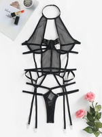 Fishnet Halter Underwire Garter Lingerie Set M Black