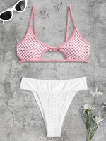 Fishnet Insert Cut Out Openwork High Leg Bikini Simwear Light pink