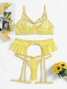 Fishnet Strappy Garter Leg Rings 4Pcs Lingeries Set M Yellow