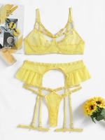 Fishnet Strappy Garter Leg Rings 4Pcs Lingeries Set S Yellow