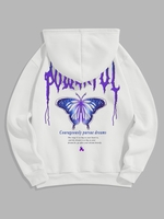 Flame Butterfly Letter Printed Fleece-lined Hoodie L White