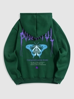 Flame Butterfly Letter Printed Fleece-lined Hoodie Xl Deep green