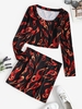 Flame Print Cropped Slit Two Piece Dress Xl Black
