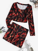 Flame Print Cropped Slit Two Piece Dress Xl Black