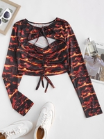 Flame Print Cutout Cinched Bowknot Crop T-shirt L Black