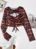 Flame Print Cutout Cinched Bowknot Crop T-shirt M Black