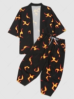 Flame Print Kimono Cardigan Shirt And Cropped Pants Set 2xl Black