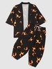 Flame Print Kimono Cardigan Shirt And Cropped Pants Set 3xl Black