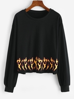 Flame Print Raw Hem Sweatshirt S Black