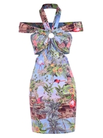 Flamingo Leaves Floral Cut Out O-ring Slinky Dress S Green