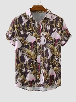 Flamingo Print Short Sleeves Hawaii Vacation Shirt M Black