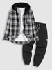 Flannel Plaid Hooded Shirt With Techwear Cargo Pants Two Piece Set Black
