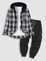 Flannel Plaid Hooded Shirt With Techwear Cargo Pants Two Piece Set Black