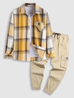 Flannel Pocket Plaid Shirt and Solid Color Drawstring Cargo Pants Set Multi a
