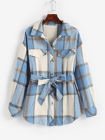 Flap Detail Plaid Belted Jacket M Light blue