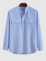 Flap Pocket Design Striped Pullover Shirt M Sky blue