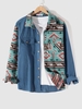 Flap Pocket Ethnic Aztec Printed Woolen Corduroy Spliced Shacket L Blue