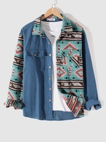 Flap Pocket Ethnic Aztec Printed Woolen Corduroy Spliced Shacket L Blue