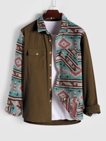 Flap Pocket Ethnic Aztec Printed Woolen Corduroy Spliced Shacket L Deep coffee