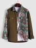 Flap Pocket Ethnic Aztec Printed Woolen Corduroy Spliced Shacket M Deep coffee