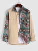 Flap Pocket Ethnic Aztec Printed Woolen Corduroy Spliced Shacket M Light coffee