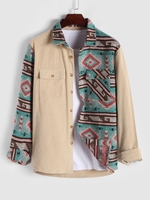 Flap Pocket Ethnic Aztec Printed Woolen Corduroy Spliced Shacket S Light coffee