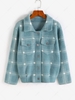 Flap Pockets Button Up Plaid Cardigan L Blue