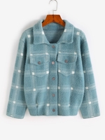 Flap Pockets Button Up Plaid Cardigan M Blue