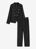 Flap Pockets Double Breasted Blazer and Pants Set M Black