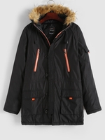 Flap Pockets Faux Fur Collar Hooded Padded Parka Coat 2xl Black