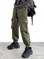 Flap Pockets Patch Cargo Techwear Pants L Dark green