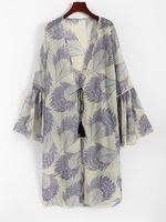 Flare Sleeve Leaves Print Tie Waist Kimono Cover Up Dress