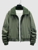 Fleece Collar Ruched Design Baseball Jacket L Seaweed green