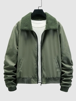 Fleece Collar Ruched Design Baseball Jacket L Seaweed green