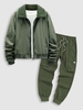 Fleece Collar Ruched Design Baseball Jacket with Drawstring Techwear Cargo Pants Set Deep green