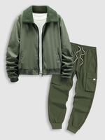 Fleece Collar Ruched Design Baseball Jacket with Drawstring Techwear Cargo Pants Set Deep green