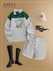 Fleece Lined ALASKA Graphic Quarter Zip 90s Sweatshirt and Lace Up Dolphin Shorts Set Gray