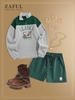 Fleece Lined ALASKA Graphic Quarter Zip 90s Sweatshirt and Patched Pockets Shorts Set Gray