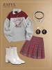 Fleece Lined ALASKA Graphic Quarter Zip 90s Sweatshirt and Plaid Pleated Skirt Deep red
