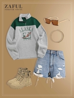 Fleece Lined ALASKA Graphic Quarter Zip 90s Sweatshirt and Ripped Denim Shorts Set Gray