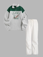 Fleece Lined ALASKA Graphic Sweatshirt and Drawstring Low Waisted Parachute Pants Light gray