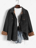 Fleece Lined Corduroy Pockets Cargo Shacket M Black