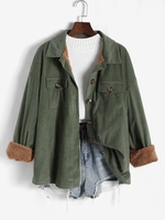 Fleece Lined Corduroy Pockets Cargo Shacket S Green