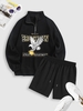 Fleece Lining BROOKLYN Eagle Graphic Zip Sweatshirt and Drawstring Sweat Shorts Set Black
