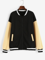 Fleece Lining Colorblock Baseball Varsity Jacket M Black
