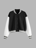 Fleece Lining Snap Button Baseball Varsity Jacket L Black